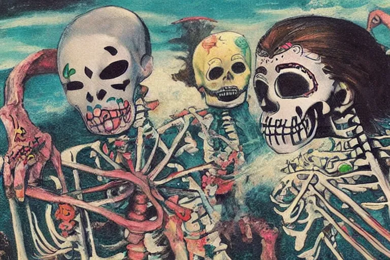 Prompt: scene from surfing, day of the dead, cyber skeleton, neon painting by otto dix
