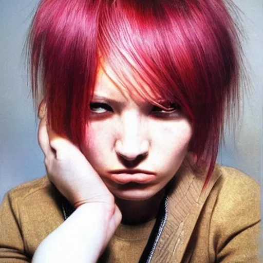 Image similar to A beautiful young woman with dyed hair hair looking disgusted away from the camera, Punk, Portrait by Noriyoshi Ohrai