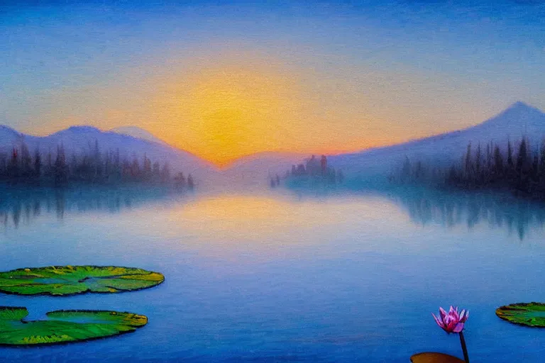 Image similar to impressionism painting of a pond of water lily on a foggy morning, sun low on horizon through snow capped mountains, soft light, misty