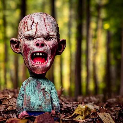 Prompt: cursed bobble head, bold natural colors, national geographic photography, masterpiece, 8 k, raw, unedited, symmetrical balance, terrifying, evil, woods, screaming, rotten, putrid