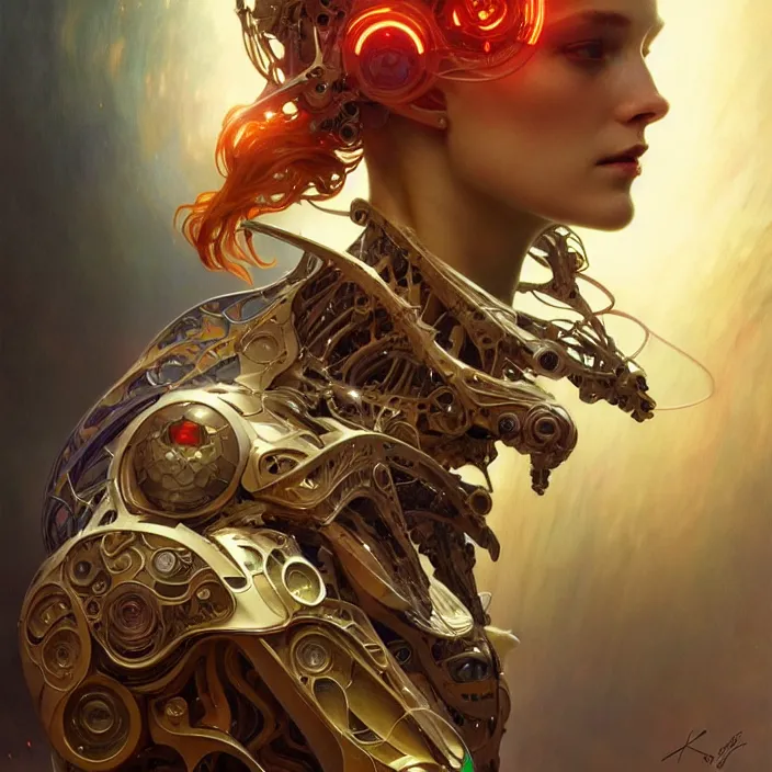 Image similar to organic cyborg, brightly backlit, diffuse lighting, fantasy, intricate, elegant, highly detailed, lifelike, photorealistic, digital painting, artstation, illustration, concept art, smooth, sharp focus, art by john collier and albert aublet and krenz cushart and artem demura and alphonse mucha