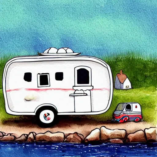 Prompt: long!! towable long white rv!!! on the grass by the harbor in maine, rocky coast, sailboats in the water, tiny village, white background, cute digital watercolor art, 4 colors!!! trending on artstation