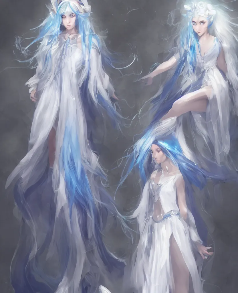 Image similar to A young female wizard with blue hair, in delicate white magical dress + concept art + detailed character portrait