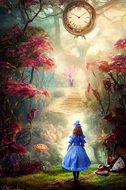 Prompt: Alice in wonderland on DMT, dramatic lighting, cinematic, establishing shot, extremely high detail, foto realistic, cinematic lighting, post processed, concept art, high details, cinematic, 8k resolution, beautiful detailed, photorealistic, digital painting, artstation, concept art, smooth, sharp focus, artstation trending, octane render, unreal engine