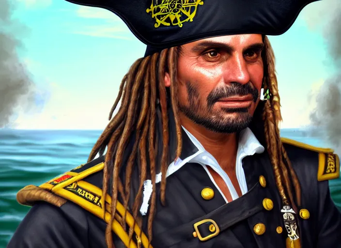 Prompt: highly detailed portrait of jair bolsonaro as a dread pirate captain, proudly posing at the helm of his frigate wearing a pirate hat, artstation, cinematic lighting, hyperdetailed, cgsociety, 8k, high resolution, insanely detailed and intricate