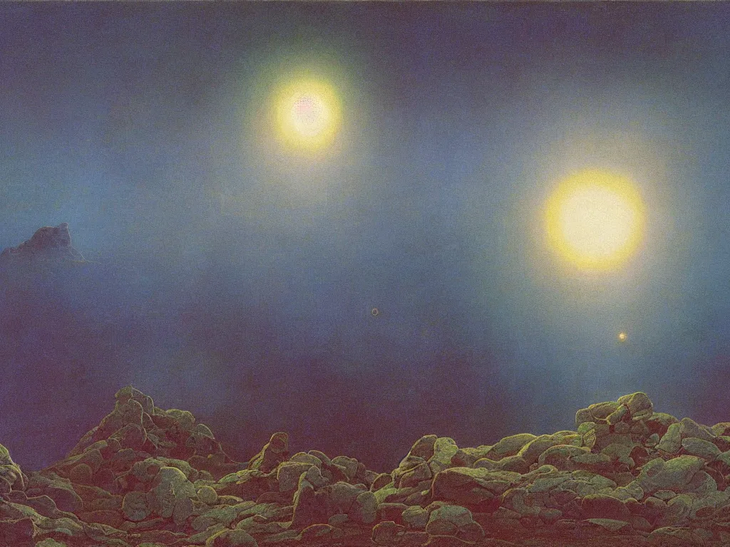 Prompt: phosphorescent, iridescent, psychedelic, marbled sphere floating in row to infinity above the hell pit mines. painting by caspar david friedrich, agnes pelton, max ernst, bosch.