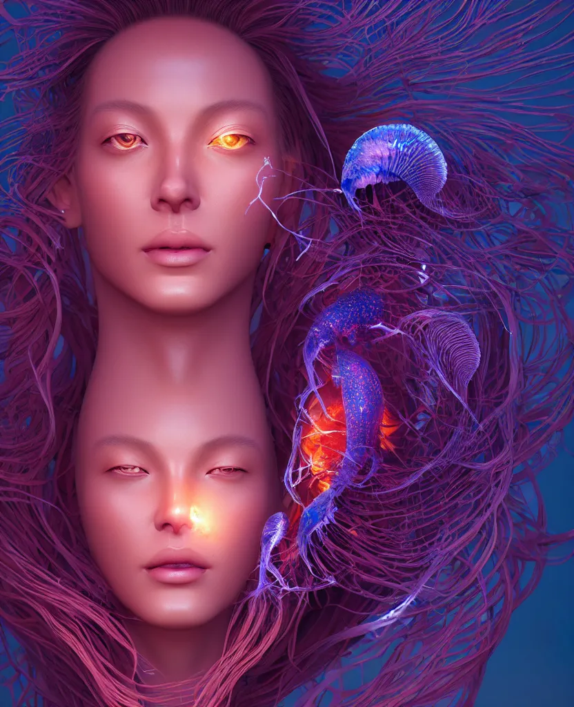 Image similar to goddess close-up portrait. orchid jellyfish phoenix head, nautilus, skull, betta fish, bioluminiscent creatures, intricate artwork by Tooth Wu and wlop and beeple. octane render, trending on artstation, greg rutkowski very coherent symmetrical artwork. cinematic, hyper realism, high detail, octane render, 8k