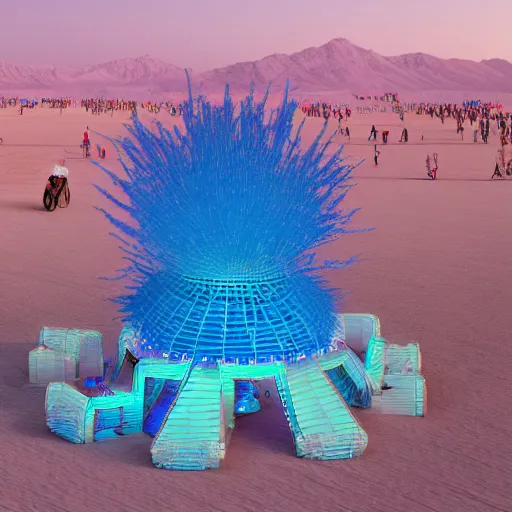 Image similar to highly detailed 3d render of burning man festival sculpture with cornflowers by Beeple