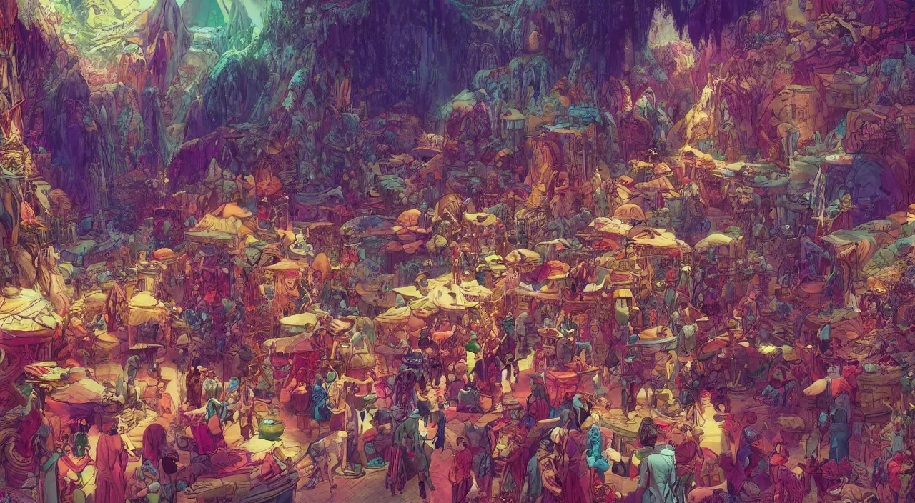 Prompt: vibrant multicolor wonderland bazaar zouk old egypt epic fantasy painting photoshop sharpen overlay that looks like it is from borderlands and by feng zhu and loish and laurie greasley, victo ngai, andreas rocha, john harris