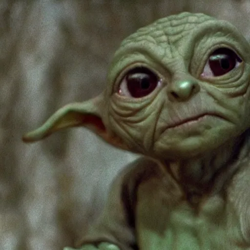 Image similar to A singular creature mix between Gollum and Yoda, center frame medium shot, shot on technicolor cinemascope 35mm anamorphic lense, flare, film grain, still from a 1980's movie