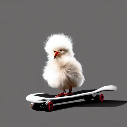 Prompt: fluffy chick riding mini skateboard, photorealistic