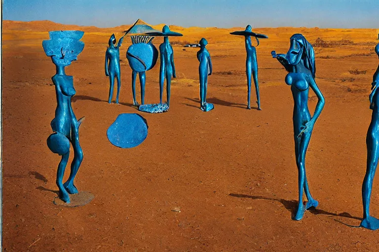 Prompt: surrealist sculpture figures by max ernst in a california desert landscape