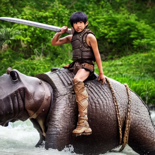 Prompt: a hd photo of skinny tan 1 0 year old half - asian boy with dark anime hair riding an armored hippo down a waterfall with a large sword in one hand and a shield in the other hand, photorealistic, high definition face, scowl on face