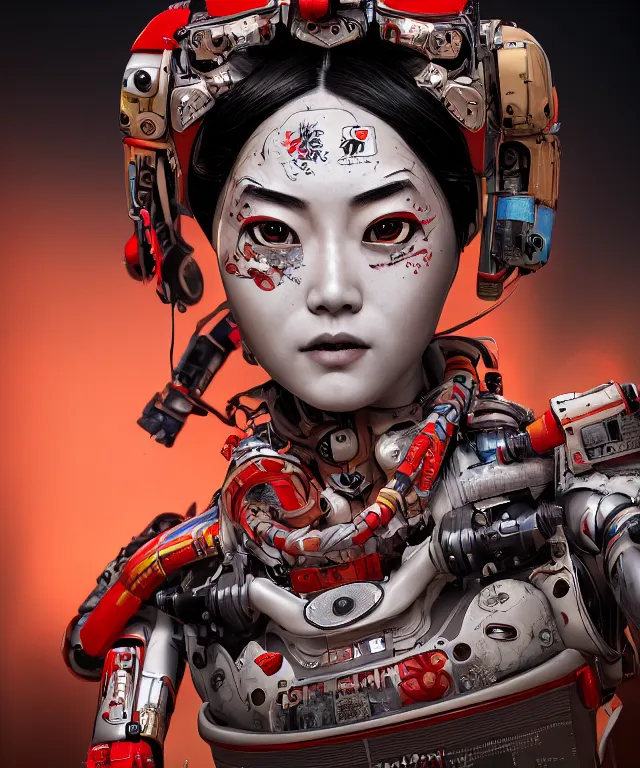 Image similar to an epic fantastic realism comic book style portrait painting of a japanese robotic geisha with kanji tattoos and decals, apex legends, octane render, intricate detail, 4 k hd, unreal engine 5