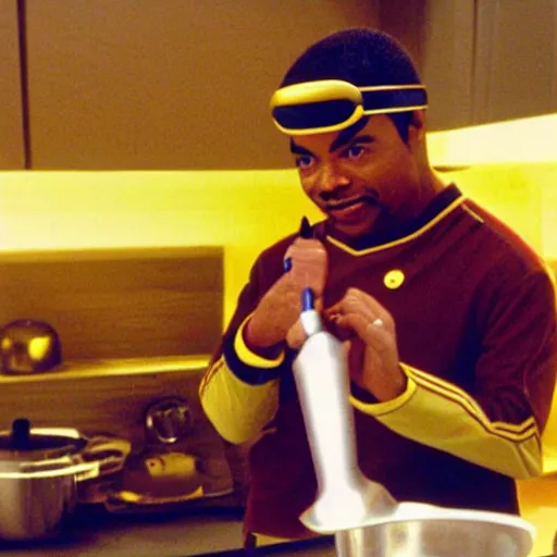 Image similar to Geordi LaForge wearing visor and a colander and random kitchen tools on his head