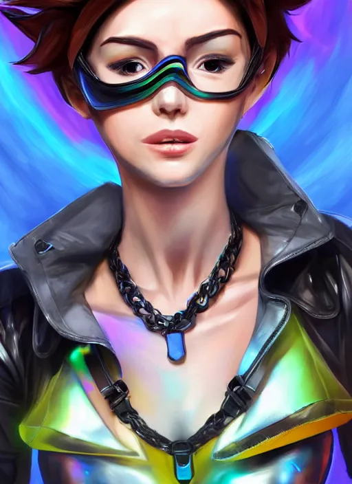 Image similar to portrait bust digital artwork of tracer overwatch, wearing black iridescent rainbow latex tank top, 4 k, expressive happy smug expression, makeup, in style of mark arian, angel wings, wearing detailed black leather collar, chains, black leather harness, detailed face and eyes,