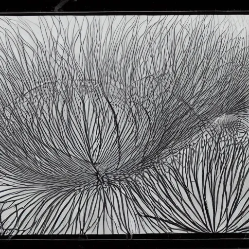 Prompt: remains of the stems of lotus flowers mirrored on a river and looking like stark geometric scribbles, soft Chinese bridge contour far in the background, light fog, 35mm black and white photograph by René Burri, concept art