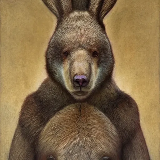 Image similar to bear rabbit hybrid character portrait by jean delville, tom bagshaw, brooke shaden, gustave dore and marco mazzoni, studio ghibli style, porcelain, histological, artificial intelligence, ebony, ivory, geologycal strata, organic, detailed fur, intricate details