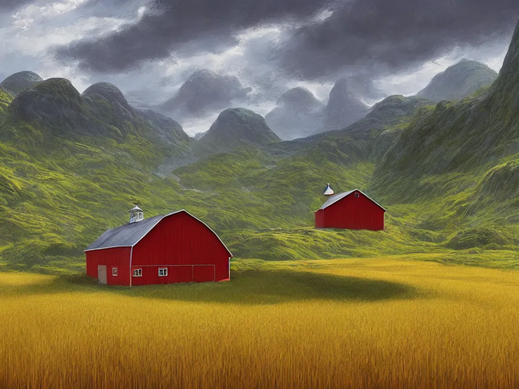 Prompt: Intricate detailed lush fjord with a single isolated red barn with a flat roof next to a wheat crop at noon. Wide angle shot, art by Eddie Mendoza