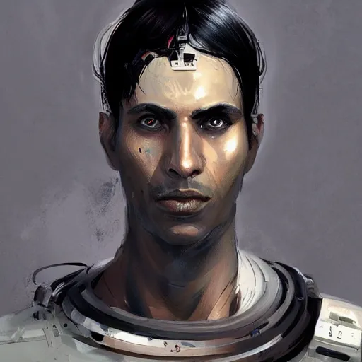 Prompt: Portrait of a cyborg man by Greg Rutkowski, he is about 30 years old, indian, cybernetic eyes implants, messy long black hair, slim and tall, he is wearing utilitarian beige black jumpsuit, highly detailed portrait, digital painting, artstation, concept art, smooth, sharp foccus ilustration, Artstation HQ.