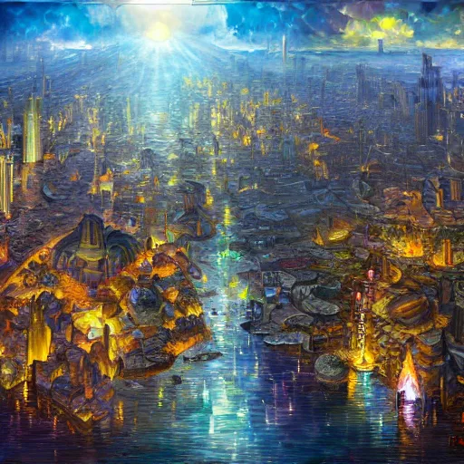 Image similar to gemstone crystal city, city made of bismuth cryengine render by android jones, james christensen, rob gonsalves, leonid afremov and tim white