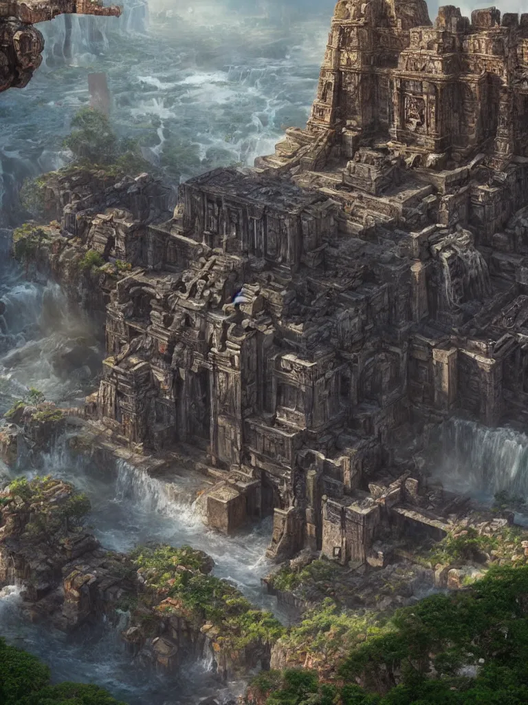 Prompt: gigantic aztec temple, bridge across huge waterfalls, fortress, aegis, huge blocks of stone, vines, baobab trees, massive aztec statues, distant horizon, space stars milky way nebula, daniel dociu, vladimir motsar, temple ruins artstation trending, john park art, james gurney