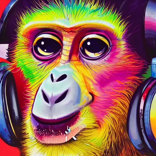 Image similar to colorful illustration of monkey in headphones, colorful splatters, by andy wrahol, by zac retz, by kezie demessance