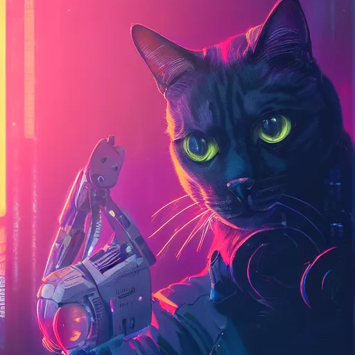 Image similar to detailed portrait of a cat, synthwave, retrowave, cyberpunk, illustration by Jordan Grimmer and Greg Rutkowski, trending on Artstation