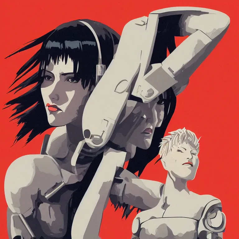 Image similar to high detailed portrait of ghost in the shell in style of Oleg Savostyuk, soviet poster, retro futurism, single person