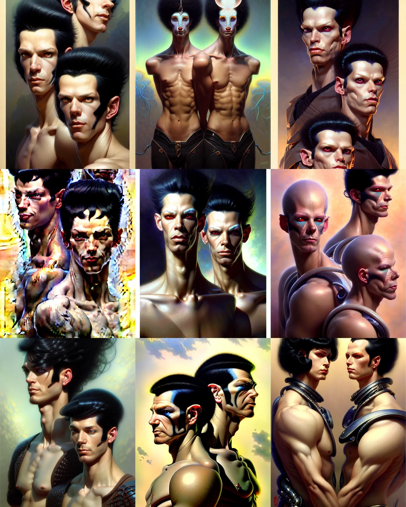 Prompt: beautiful male twins portrait, black hair,, ultra realistic, intricate details, the fifth element artifacts, highly detailed by peter mohrbacher, allen williams, hajime sorayama, wayne barlowe, boris vallejo, aaron horkey, gaston bussiere, craig mullins