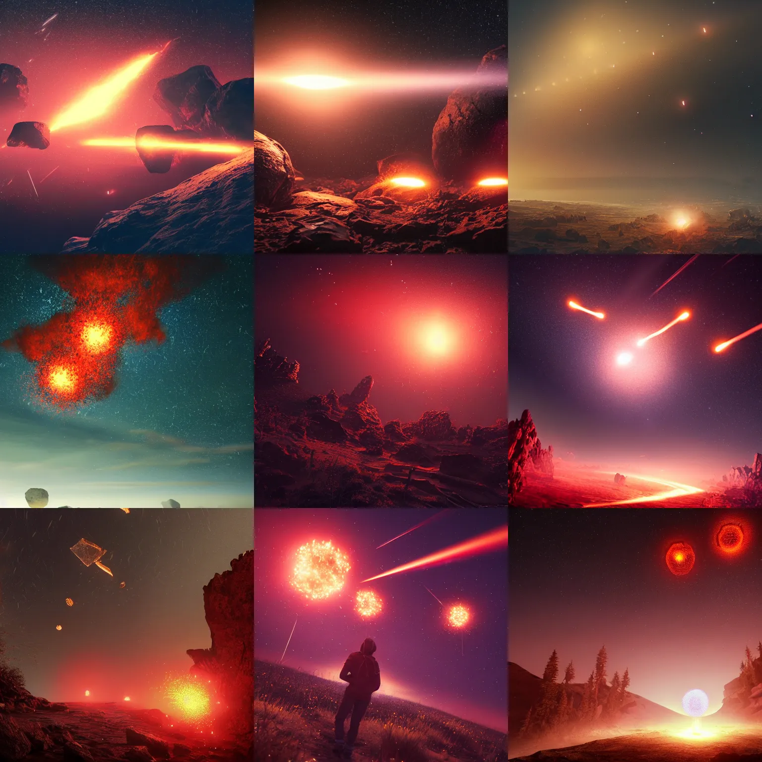 Prompt: three meteor fireballs fall down in the dark sky, at gentle dawn red light, intricate detail, volumetric lighting, epic composition, hyper detailed, ultra realistic, sharp focus, octane render, candle volumetric, ray tracing, artstation trending, cgsociety, sense of awe, swirling mist, 4 k