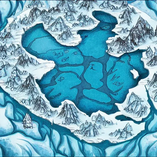 Prompt: a d & d map of a frozen lake with monsters beneath the ice, high quality digital art, gridless, vivid, blue tones, trending on arstation, oil painting