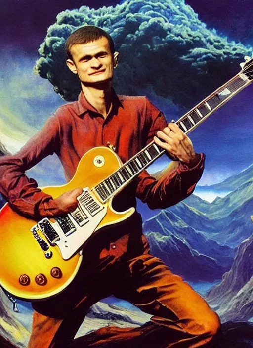 Prompt: vitalik buterin shredding on a gibson les paul, painting by frank frazetta, heavy metal artwork, bad motherfucker vitalik playing a face - melting solo while a volcano erupts, computer science, high intensity ethereum marketing, 3 d 8 k