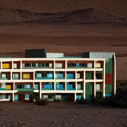 Prompt: big scale baby toy hotel in the dessert, modernism