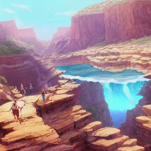 Prompt: concept art painting of a grand canyon with ocean inside, filled with water, with unfinished stone bridge under construction, realistic, detailed, cel shaded, in the style of makoto shinkai and greg rutkowski and james gurney