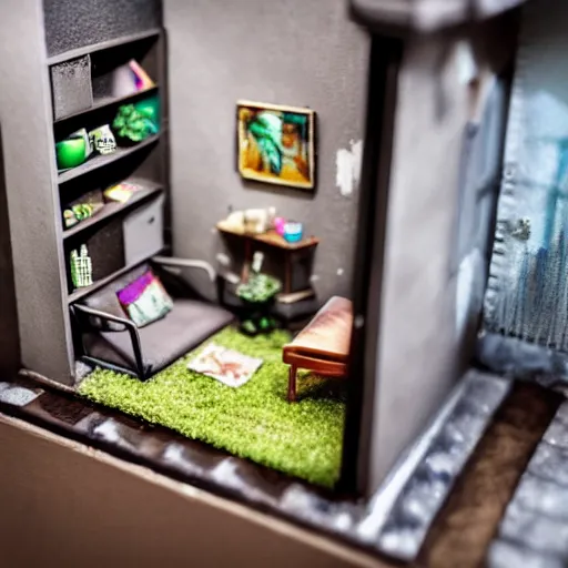 Prompt: a tiny apartment for ants, macro photography, ambient, miniatures