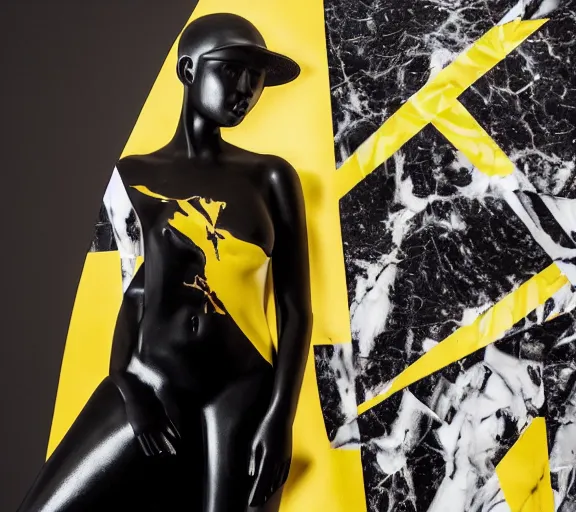 Image similar to dark black marble statue of a beautiful woman with colorful motocross logos in the style of virgil abloh, dark soft lighting, cinematic, very very beautiful, detailed, off white, heron preston, 8 k, 4 k, detailed, beautiful, symmetrical, vogue, editorial, fashion, magazine, museum lighting, night time, dark