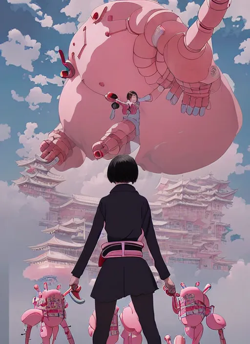 Image similar to Artwork by James Jean, Phil noto and hiyao Miyazaki; a young Japanese future samurai police girl named Yoshimi battles an enormous looming evil natured carnivorous pink robot on the streets of Tokyo; Japanese shops and neon signage; crowds of people running; Art work by studio ghibli, Phil noto and James Jean