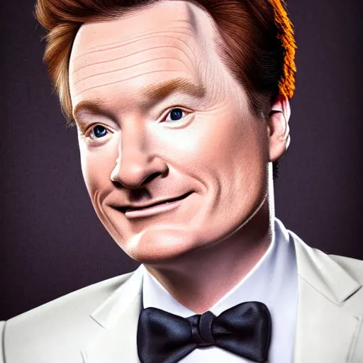 Image similar to photo portrait of the lovechild of conan o'brien, stephen colbert, jimmy kimmel, jimmy fallon, and seth meyers, realistic, hyperrealistic, 8 k resolution, hd quality, very detailed, highly detailed, intricate details, real life, real world, trending on artstation, digital art, really realistic, very realistic, headshot, head in frame, photograph, portrait