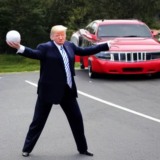 Prompt: photograph of donald trump throwing balls at cars on the highly