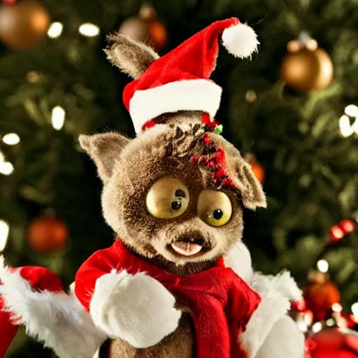 Image similar to Gizmo the Mogwai decorating a Christmas tree, soft light, highly detailed