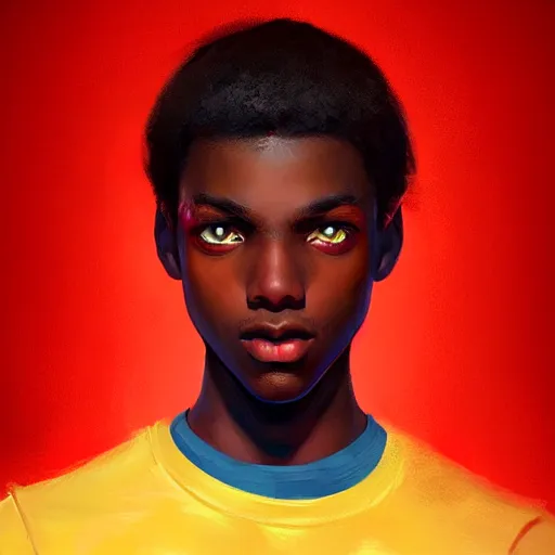 Image similar to colorful and festive captivating teenager with straight brown hair covering his eye, dark skin, big lips, big eyes, wearing a red t - shirt. rich vivid colors, ambient lighting, dynamic lighting, 4 k, atmospheric lighting, painted, intricate, highly detailed by charlie bowater