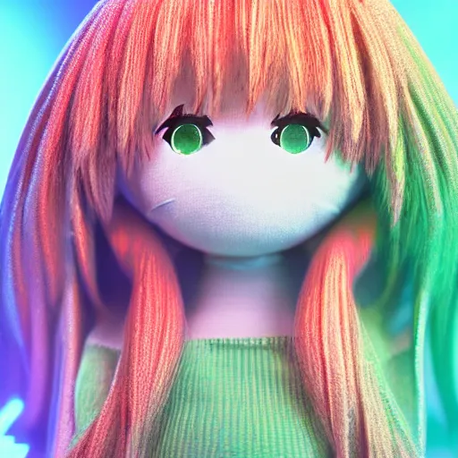 Prompt: cute fumo plush of a cyberspace girl made out of streams of data, green terminal readout, lens flare, vray