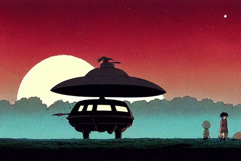 Prompt: a still from a studio ghibli film of a giant ufo from princess mononoke ( 2 0 0 4 ) at night on a desert road, full body, wide shot, very muted colors, post grunge, studio ghibli, laurie greasley, highly detailed, deviantart, art by artgem