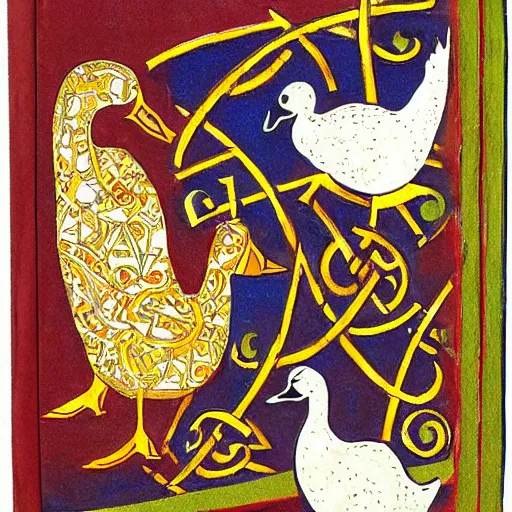 Image similar to book of kells, illustration of a duck, dye on calfskin vellum