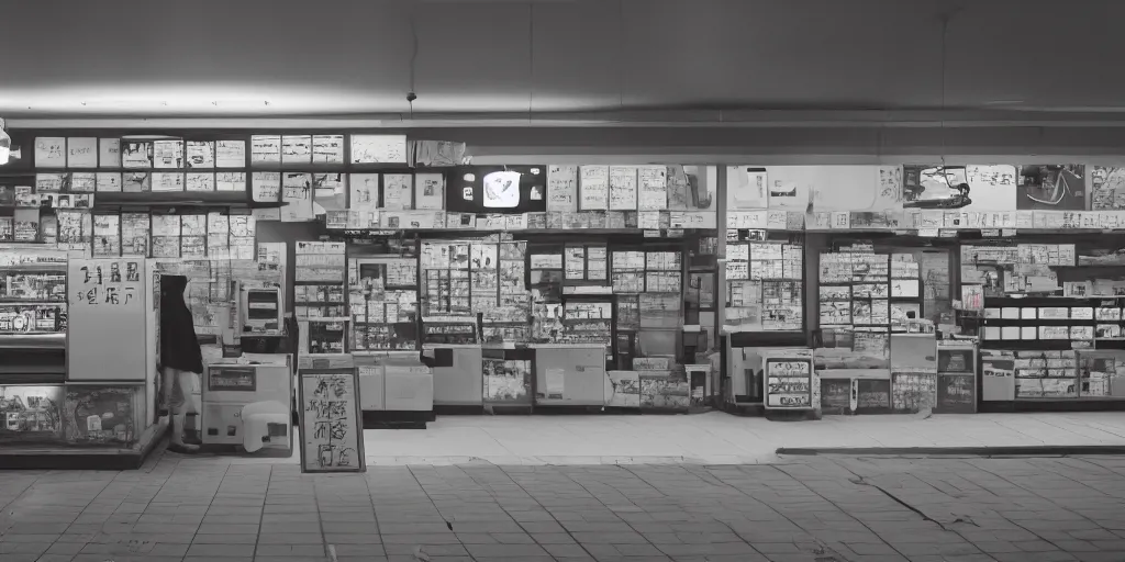 Prompt: interior of a japanese convenient store after midnight, large windows with a view of a parking lot, grey interior, low lights, old television with static noise in the pathway, creepy atmosphere, desolate, cinematic, cyberpunk, 8 k, trending on artstation