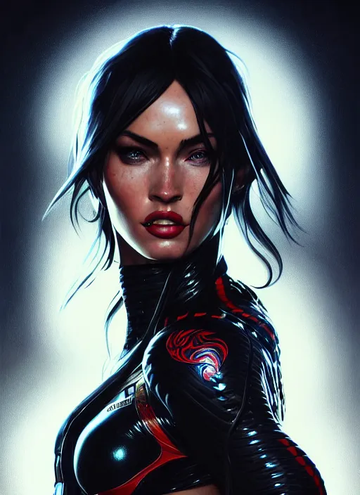 Image similar to portrait of apex legends megan fox, venom intricate, elegant, glowing lights, highly detailed, digital painting, artstation, glamor pose, concept art, smooth, sharp focus, illustration, art by artgerm and greg rutkowski, artey freytag