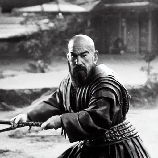 Prompt: film still of goldberg as samurai, cinematic, hollywood scene,