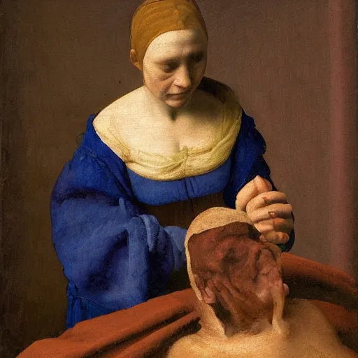 Image similar to extremely ugly pale woman with skin condition in expensive renaissance dress, Renaissance painting by Vermeer, detailed