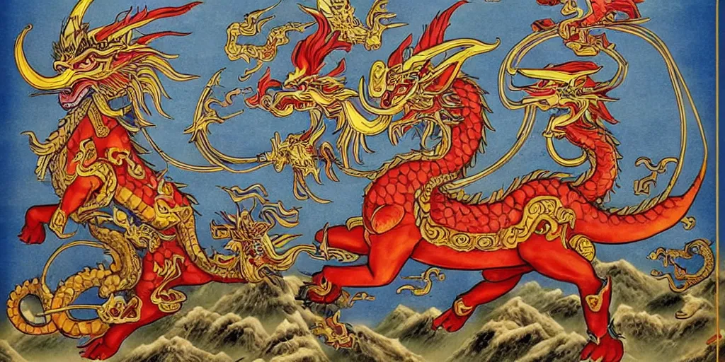 Prompt: chinese god of warcraft controling the four animal guards of the north east south west : : qilin, dragon, tortoise and phoenix, chinese myth, scared animal, legendary creatures of china